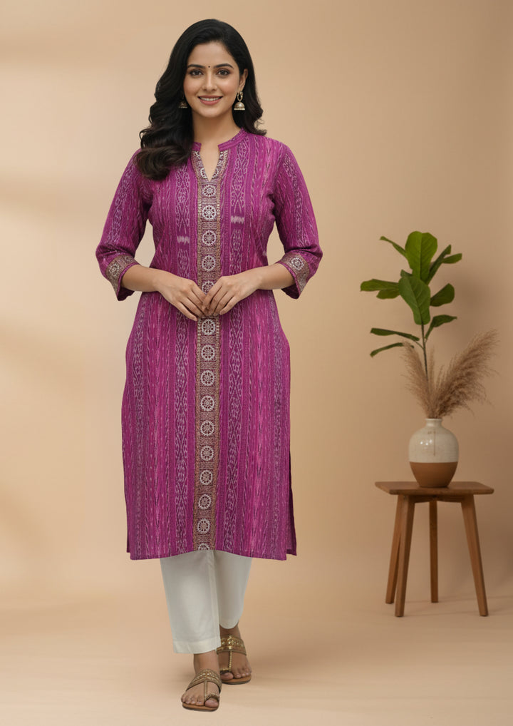 Sambalpuri Women's Kurti -  High Neck Lace-work Kurti in Magenta