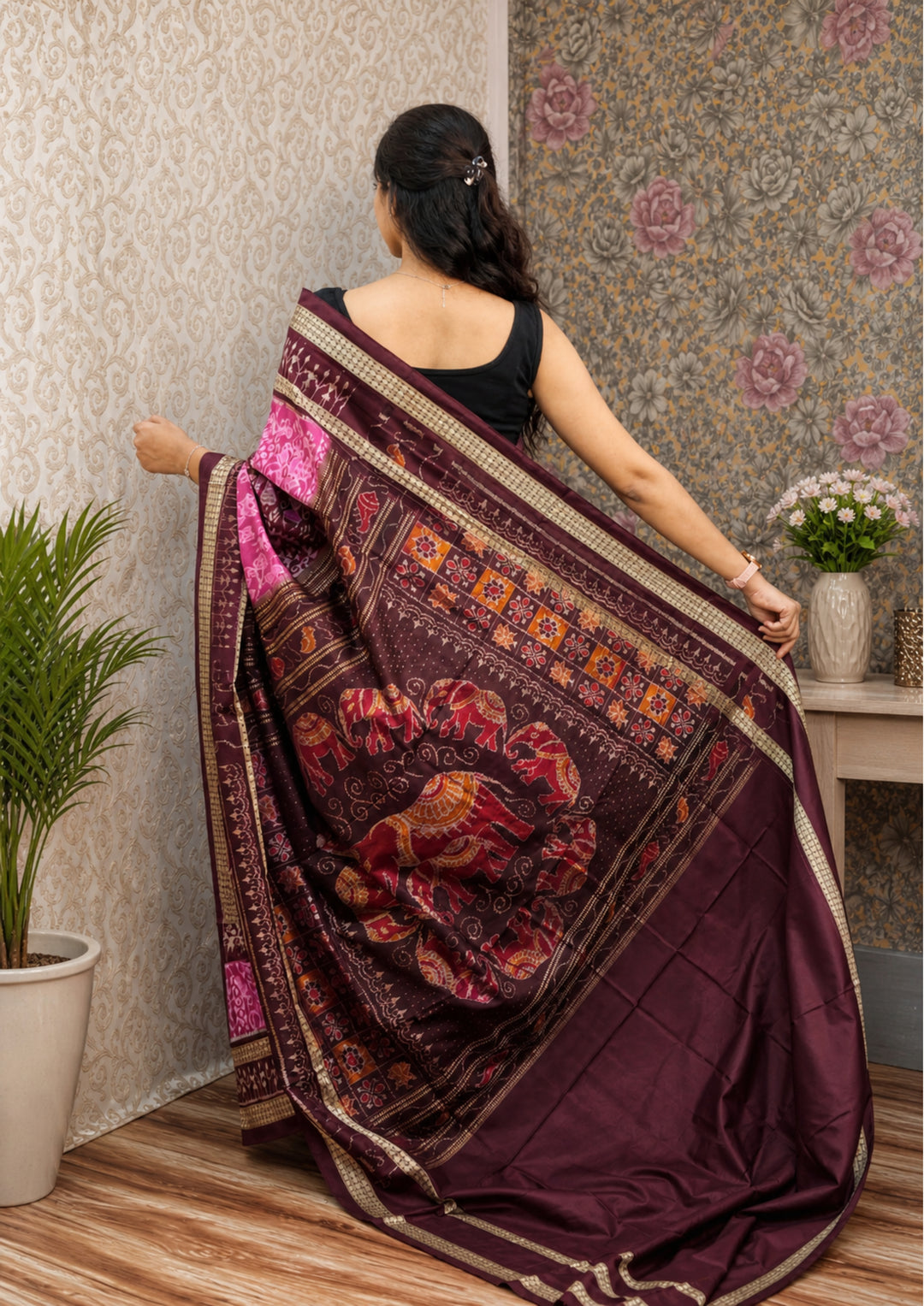Handwoven Pink Sambalpuri Patta Silk Saree with Maroon and Golden Border