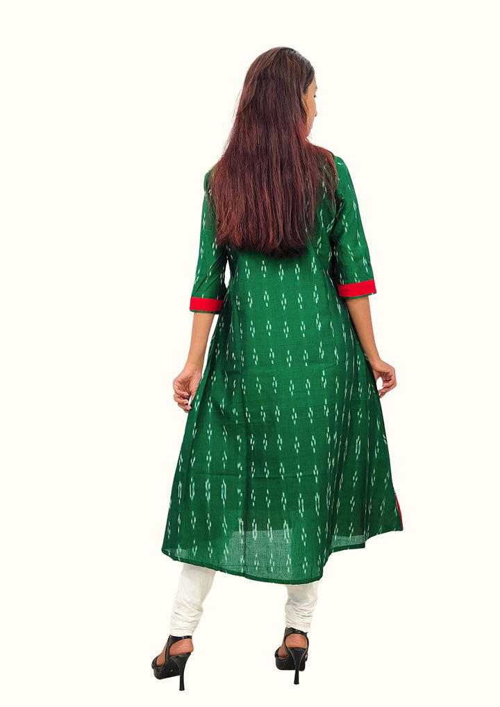 Sambalpuri Women’s Gown – Green with Black Ikat Panel and Red-White Checkered Motif