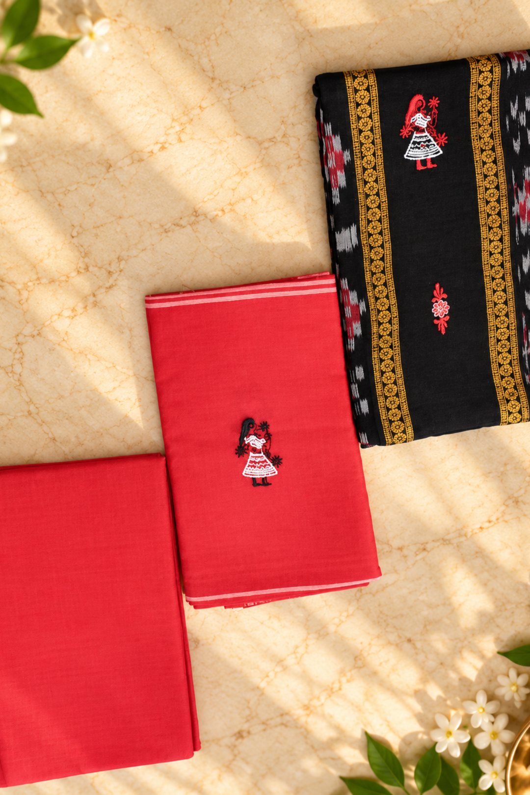 Women's Sambalpuri Red & Black Unstitched Suit Material with Dupatta
