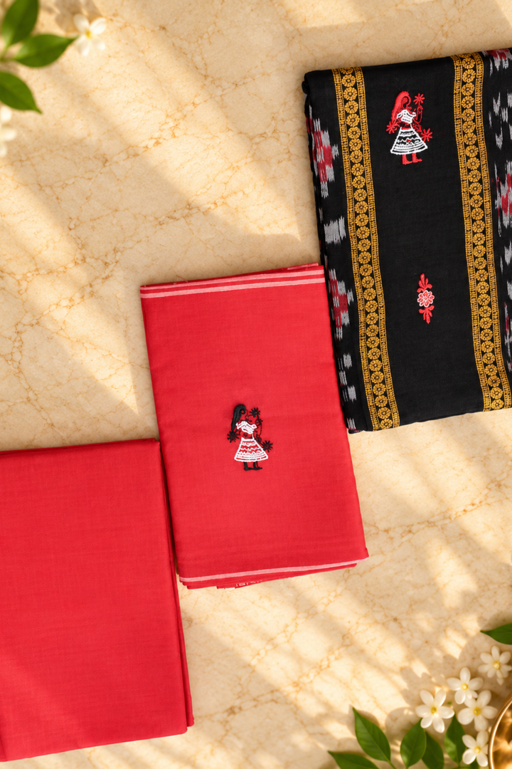 Women's Sambalpuri Red & Black Unstitched Suit Material with Dupatta
