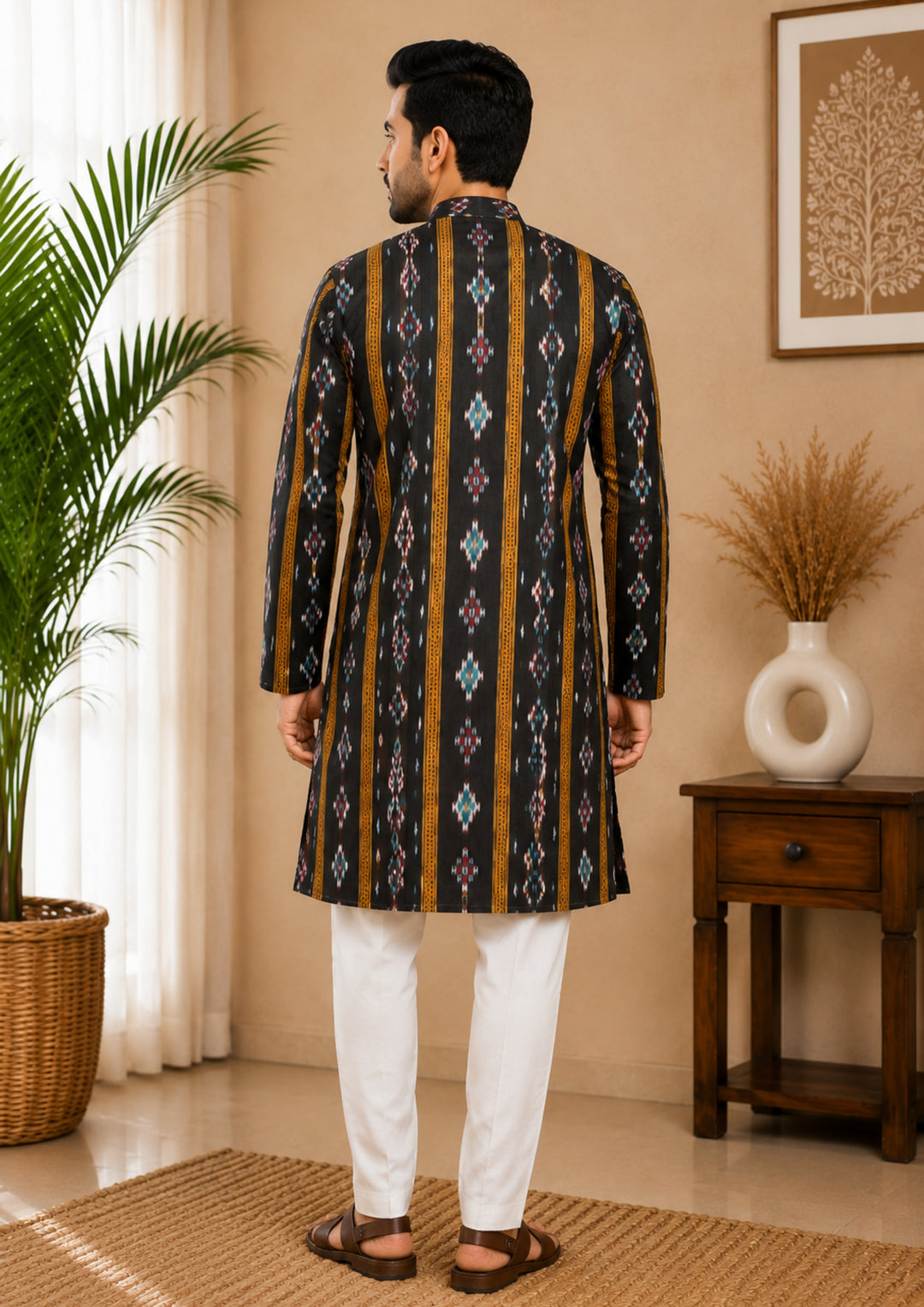 Sambalpuri Men's Long Kurta - Midnight Black Kurta