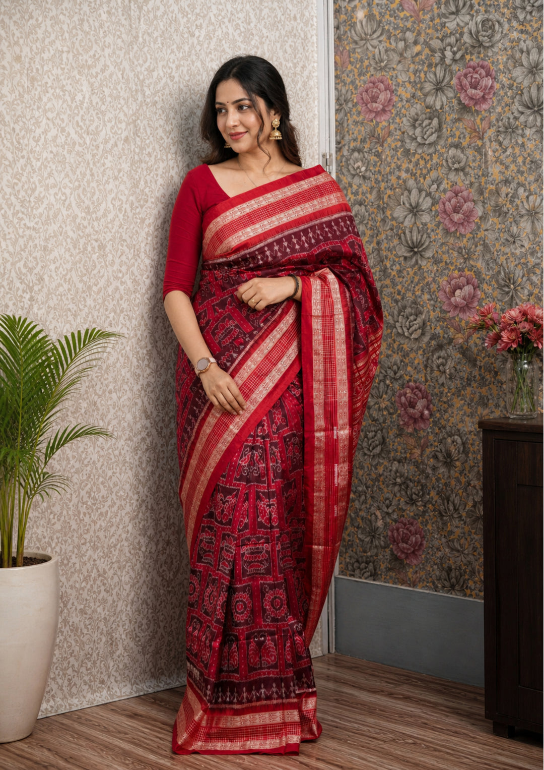 Handwoven Charcoal Black Sambalpuri Patta Silk Saree with Peacock Tribal Motifs