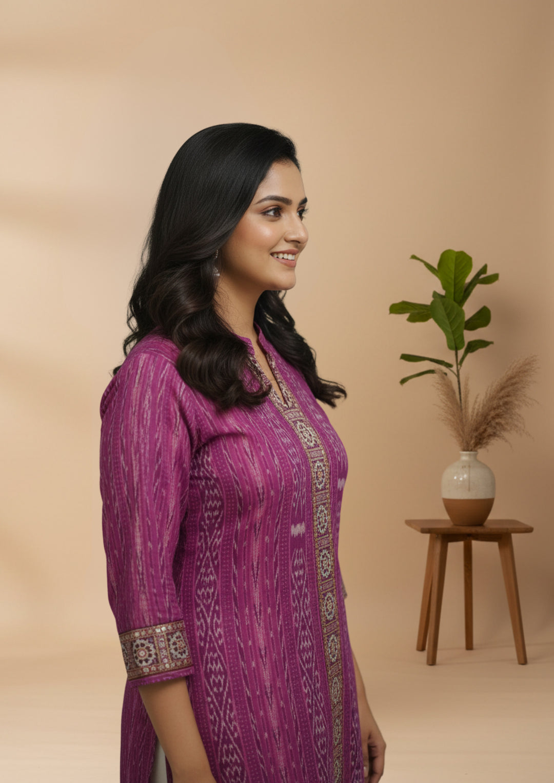 Sambalpuri Women's Kurti -  High Neck Lace-work Kurti in Magenta