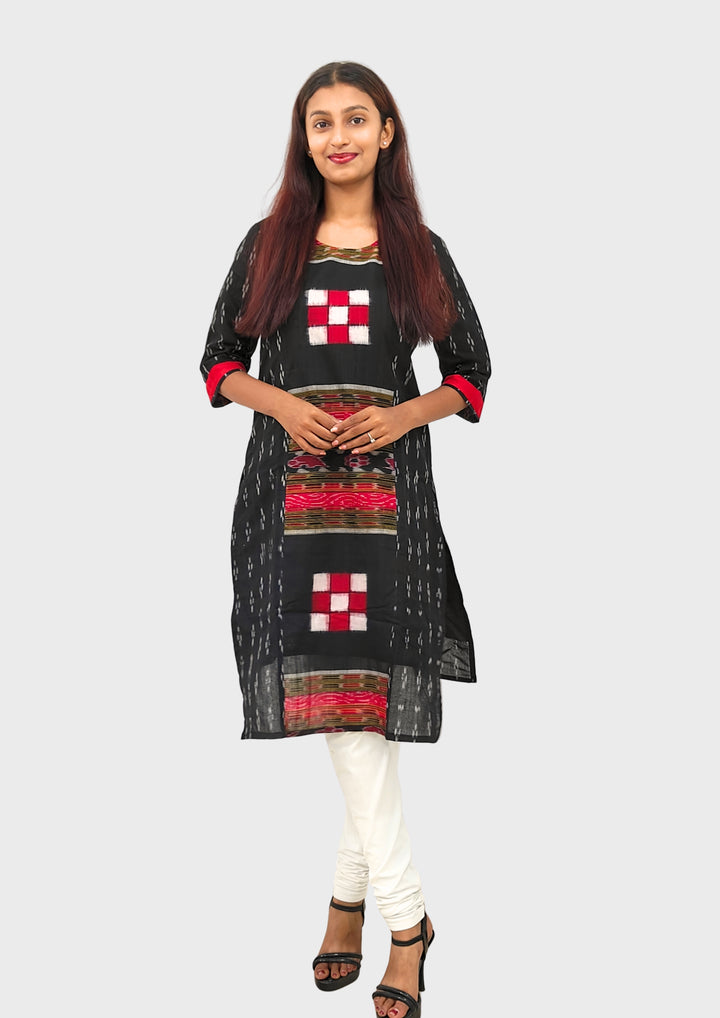 Sambalpuri Women's Kurti – Black with Red and White Pasapali Ikat Motif