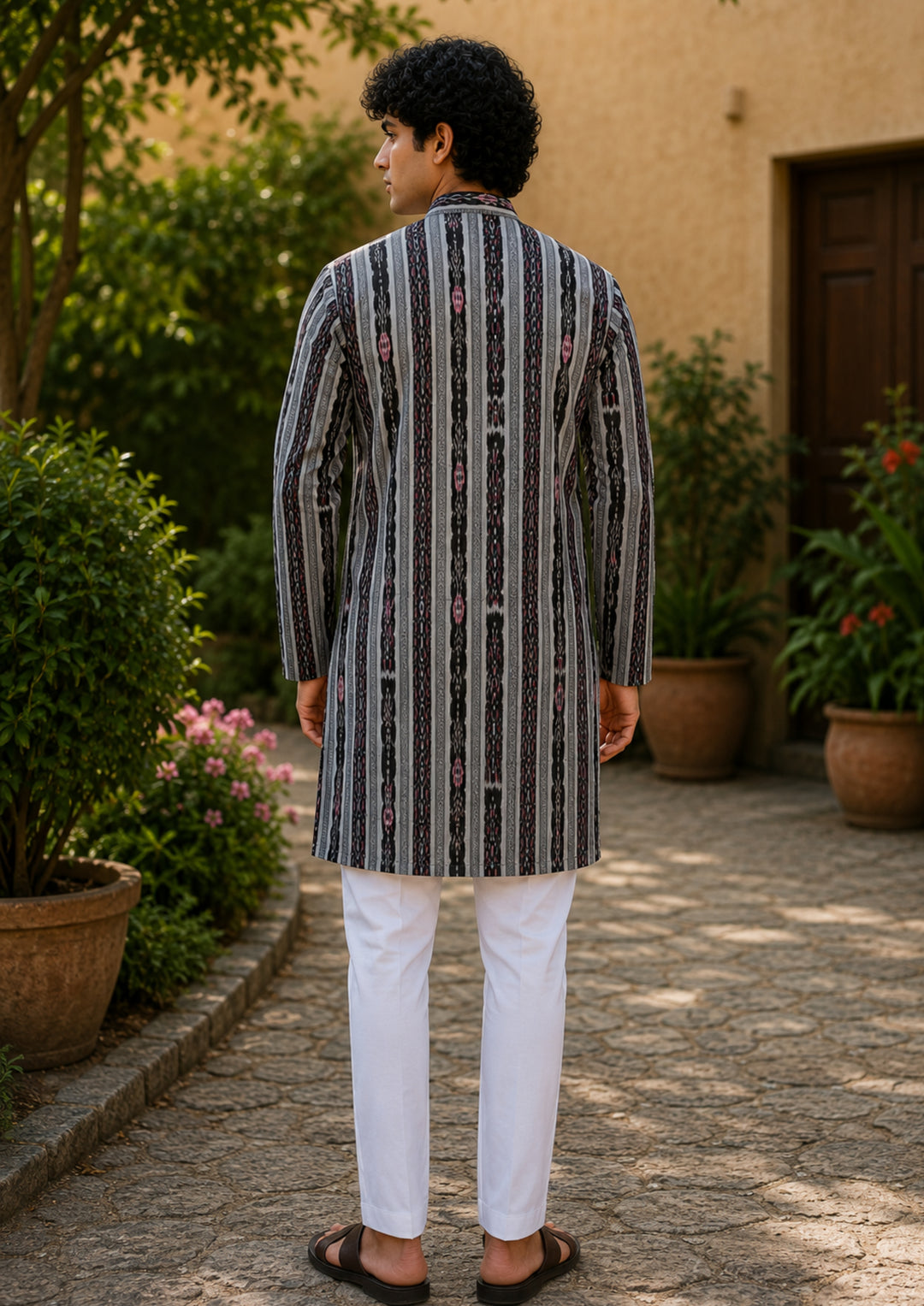 Men’s Long Kurta –  Ikat Vertical Stripe with Abstract Motifs, Black Base