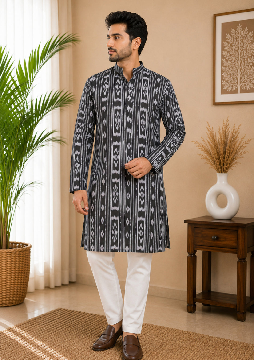 Sambalpuri Men's Long Kurta - Charcoal Grey Kurta