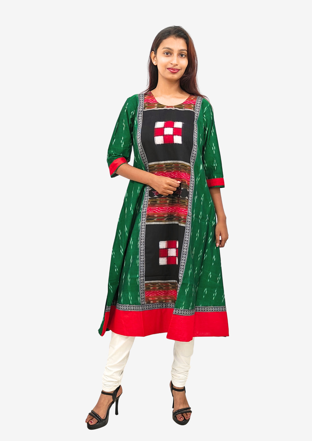 Sambalpuri Women’s Gown – Green with Black Ikat Panel and Red-White Checkered Motif