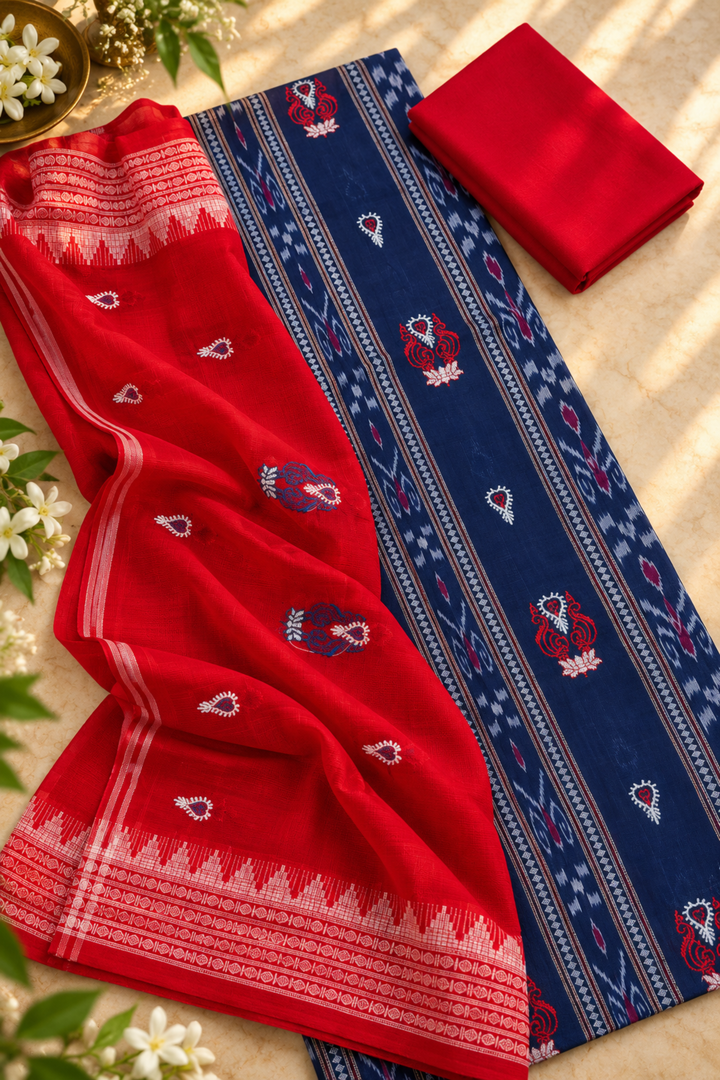 Women's Sambalpuri Red & Navy Blue Unstitched Suit Material with Dupatta