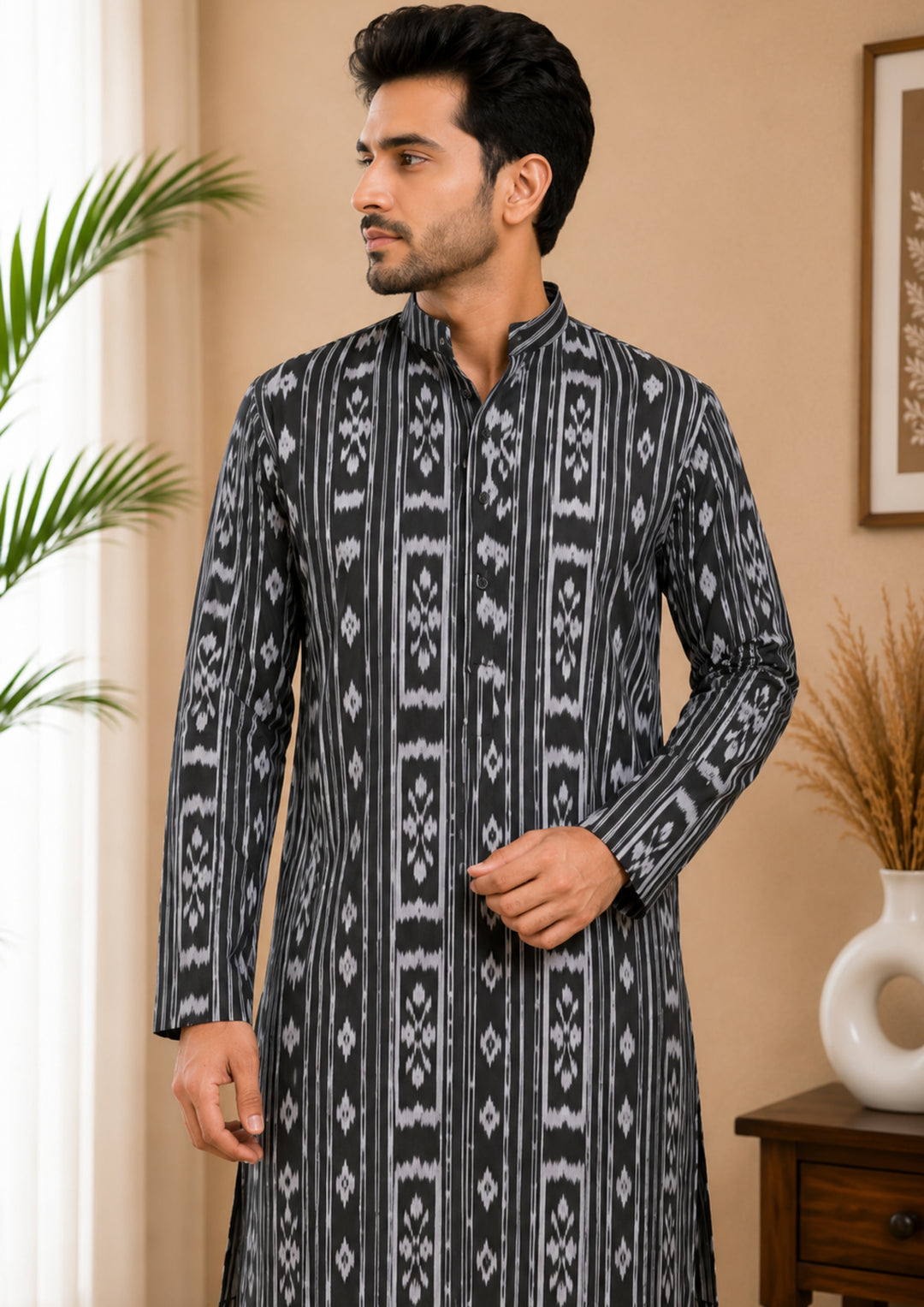 Sambalpuri Men's Long Kurta - Charcoal Grey Kurta