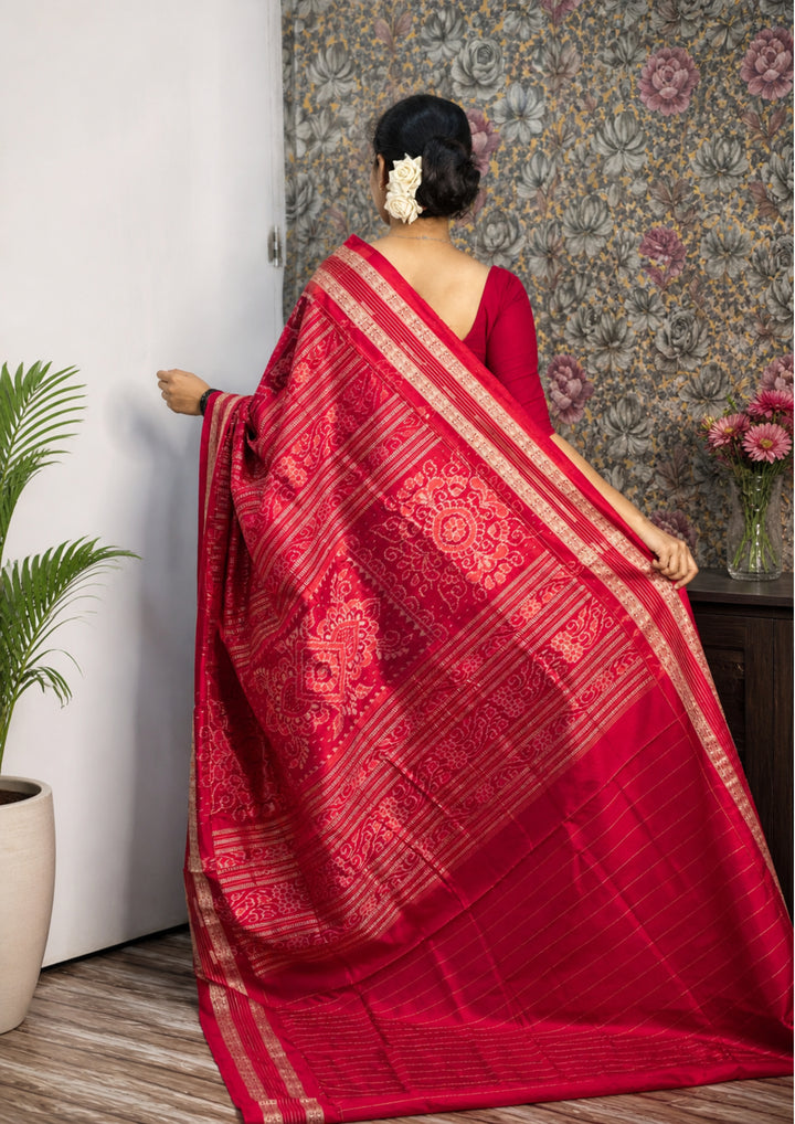 Handwoven Charcoal Black Sambalpuri Patta Silk Saree with Peacock Tribal Motifs