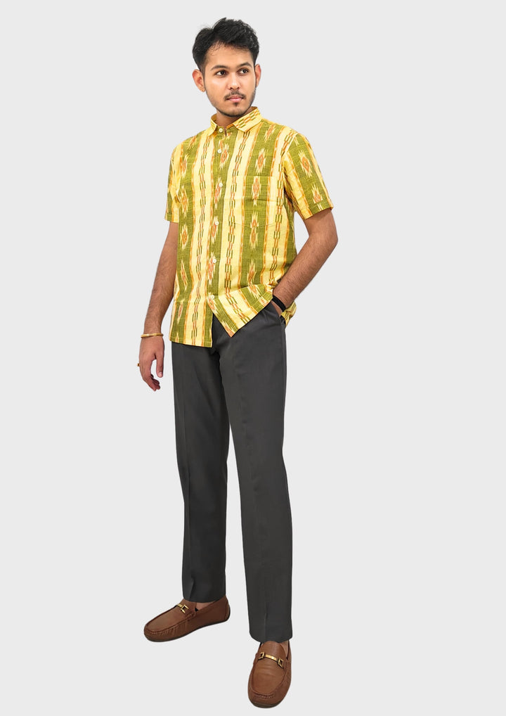 Sambalpuri Men’s Shirt – Ikat Diamond Stripe Motif, Yellow Base with Green & Orange Highlights