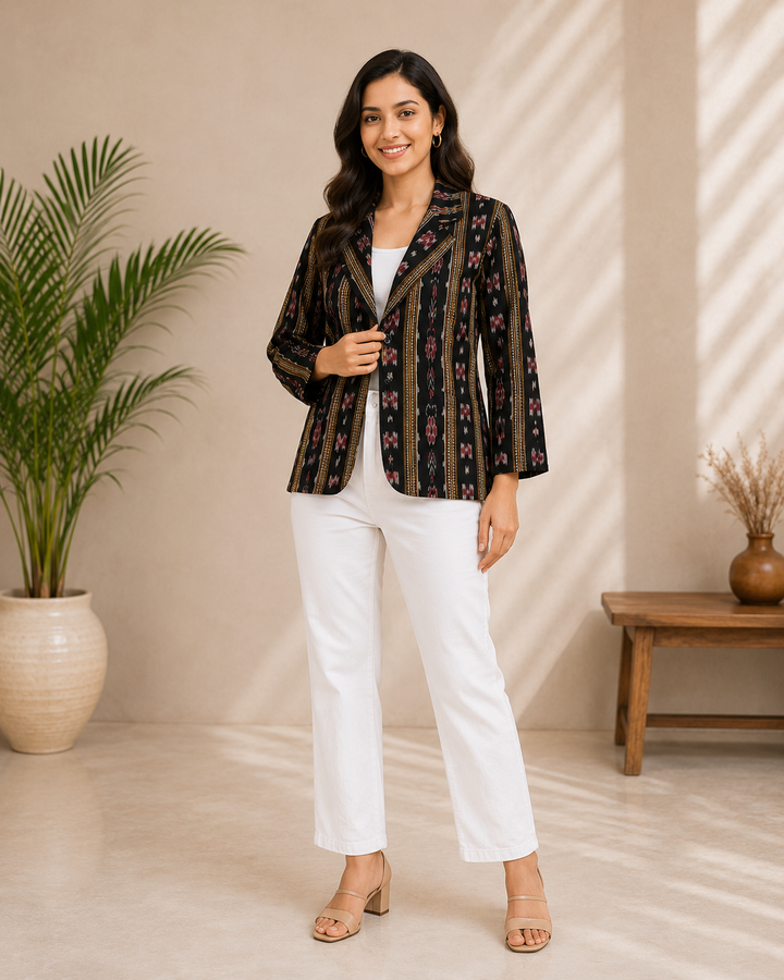 Classic Black Ethnic Printed Cotton Jacket for Women