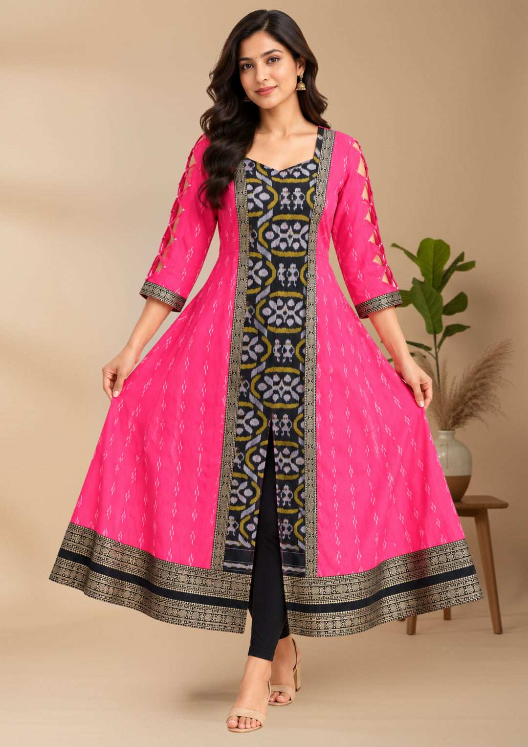 Women’s Pure Handloom Sambalpuri Cotton Fuchsia Pink Anarkali with Designer Lace Sleeves