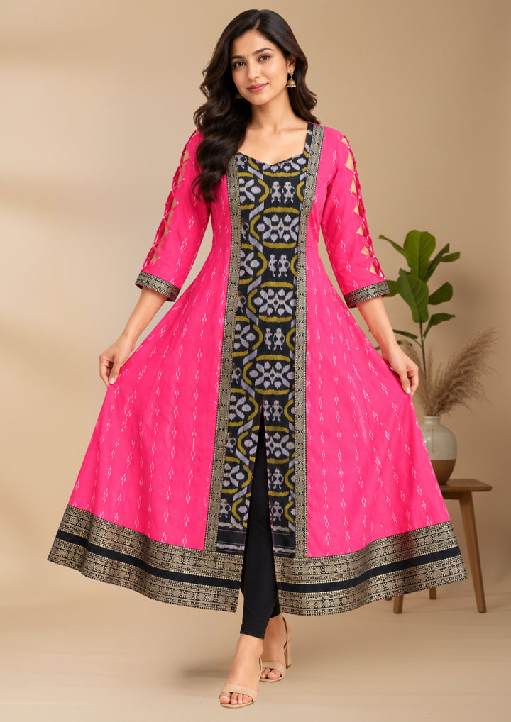 Women’s Pure Handloom Sambalpuri Cotton Fuchsia Pink Anarkali with Designer Lace Sleeves