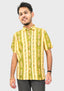 Sambalpuri Men’s Shirt – Ikat Diamond Stripe Motif, Yellow Base with Green & Orange Highlights