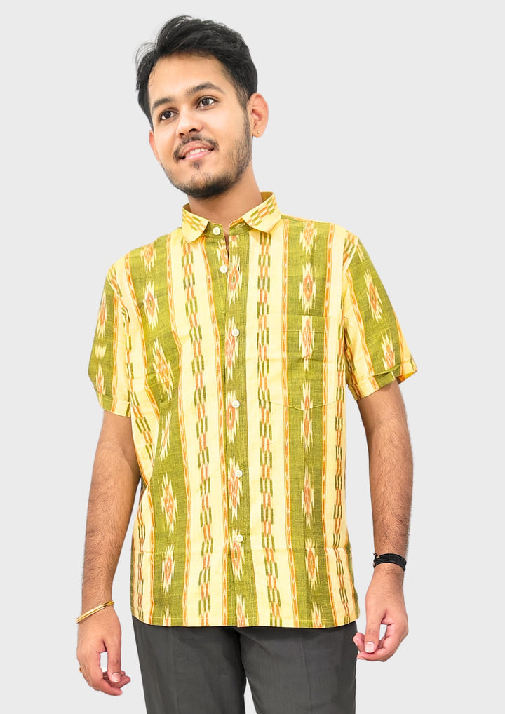 Sambalpuri Men’s Shirt – Ikat Diamond Stripe Motif, Yellow Base with Green & Orange Highlights