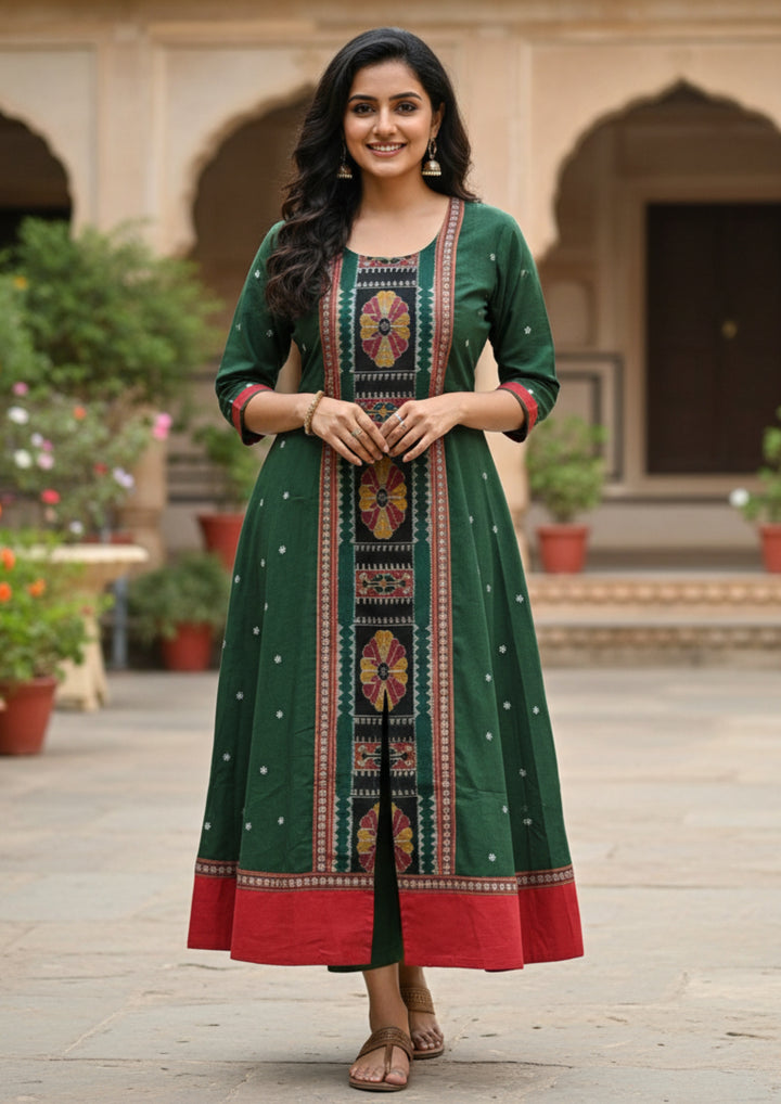 Sambalpuri Utkal Laxmi Heritage Gown – Green Red Flower with Green Butty Edition