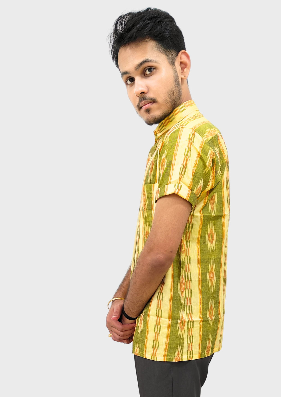 Sambalpuri Men’s Shirt – Ikat Diamond Stripe Motif, Yellow Base with Green & Orange Highlights