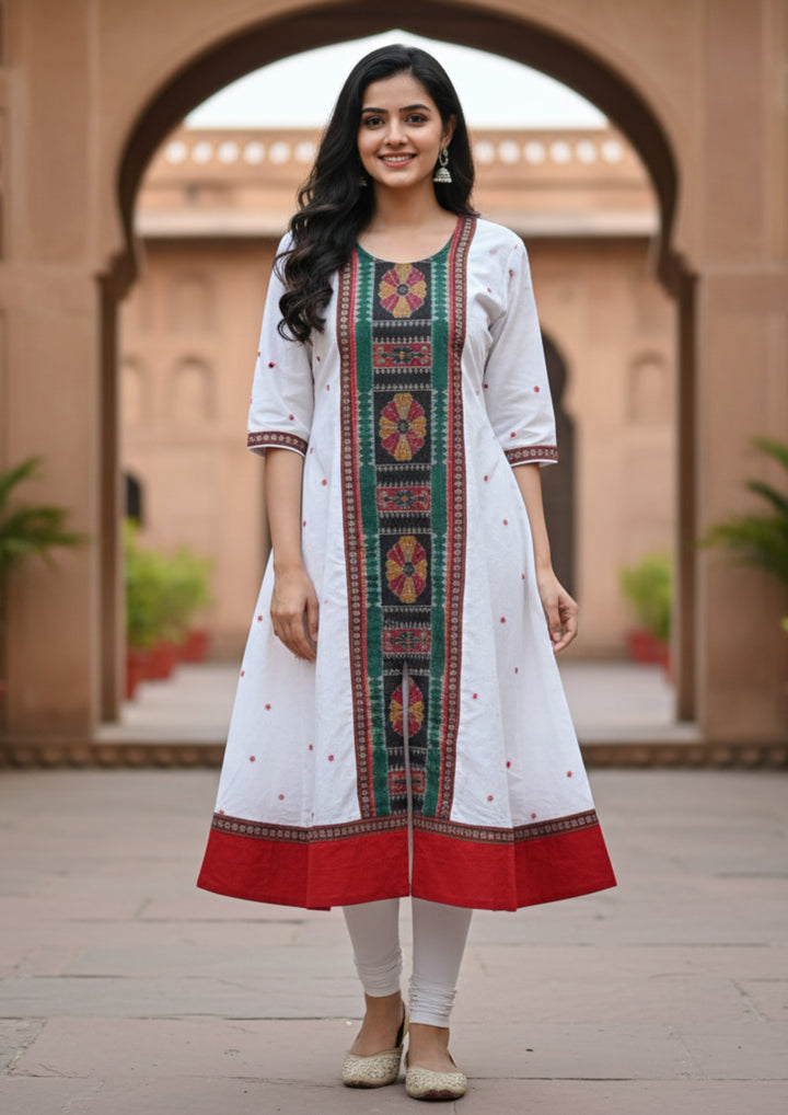 Sambalpuri Utkal Laxmi Heritage Gown – Green Red Flower with Milk White Edition