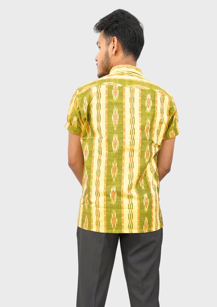 Sambalpuri Men’s Shirt – Ikat Diamond Stripe Motif, Yellow Base with Green & Orange Highlights