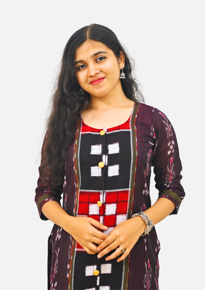 Straight Kurti - Pasapalli Motif with Maroon Base
