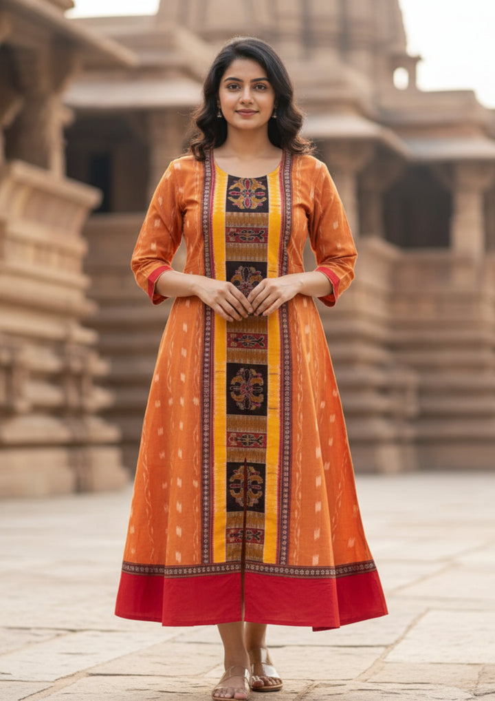 Sambalpuri Utkal Laxmi Heritage Gown – Yellow Red Flower with Sunrise Orange Edition