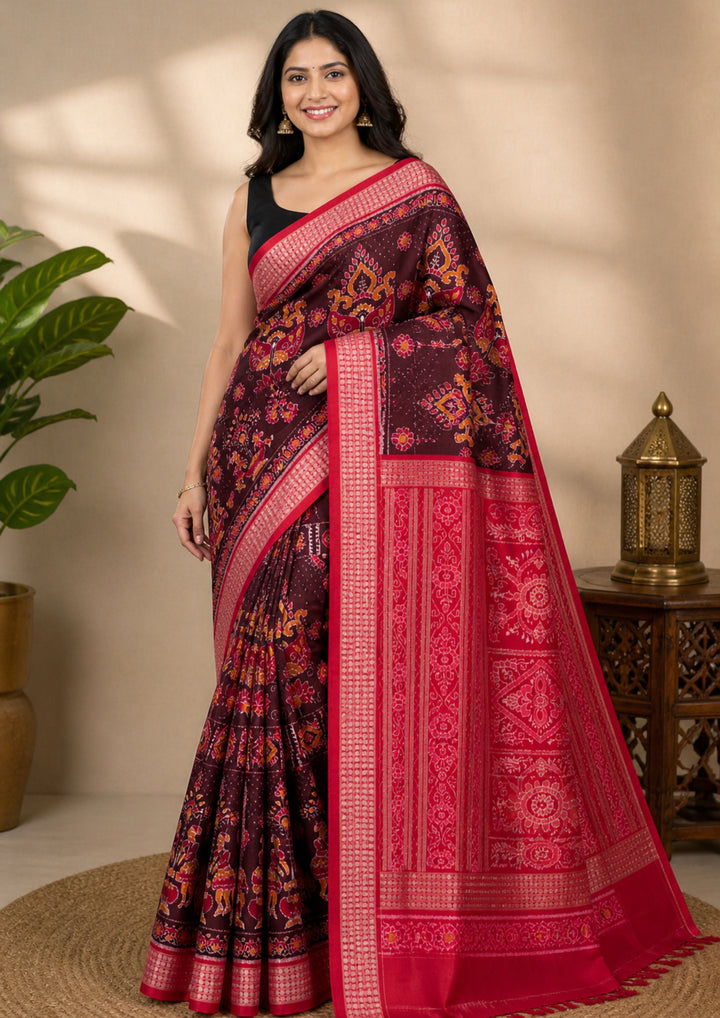 Handwoven Maroon Sambalpuri Patta Saree with Red Pallu and Tribal Motifs