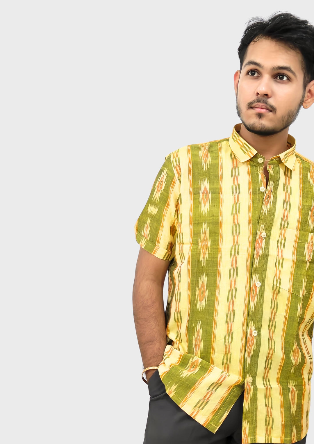 Sambalpuri Men’s Shirt – Ikat Diamond Stripe Motif, Yellow Base with Green & Orange Highlights
