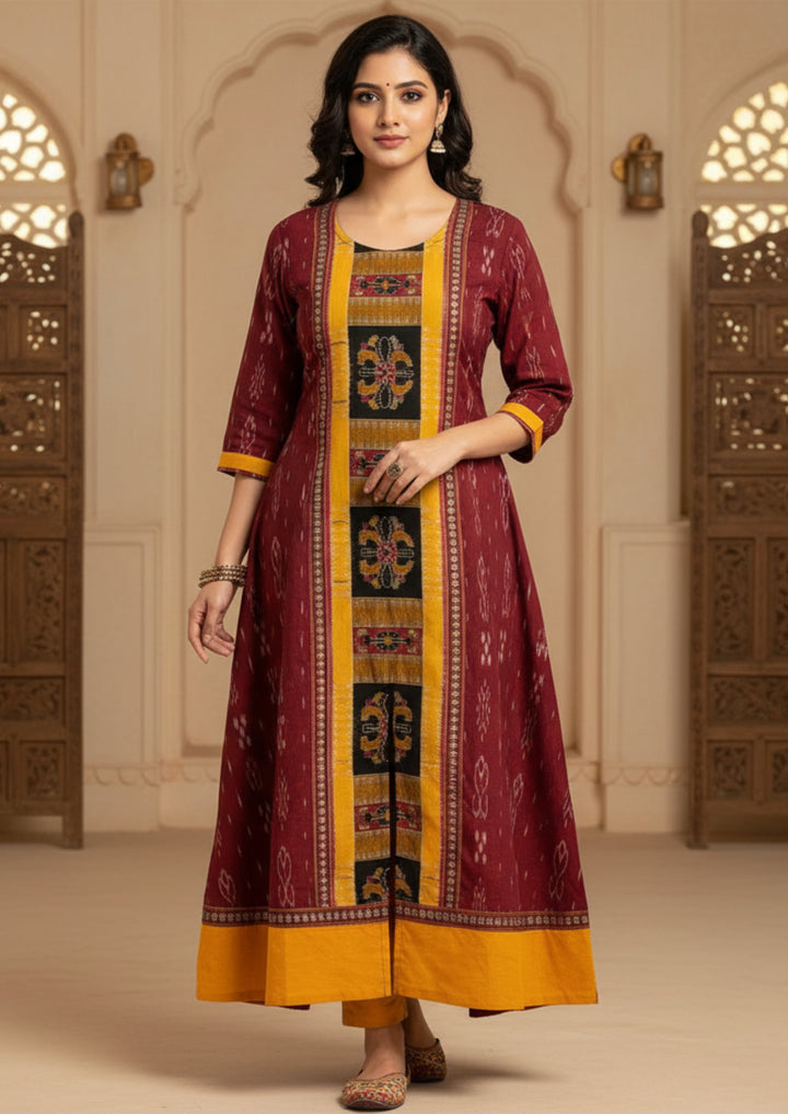 Sambalpuri Utkal Laxmi Heritage Gown – Yellow Red Flower with Maroon & Mustard Edition