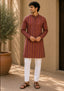 Men’s Long Kurta – Ikat Stripe Pattern Maroon Red Base with Orange & Pink