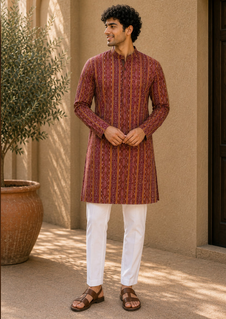 Men’s Long Kurta – Ikat Stripe Pattern Maroon Red Base with Orange & Pink