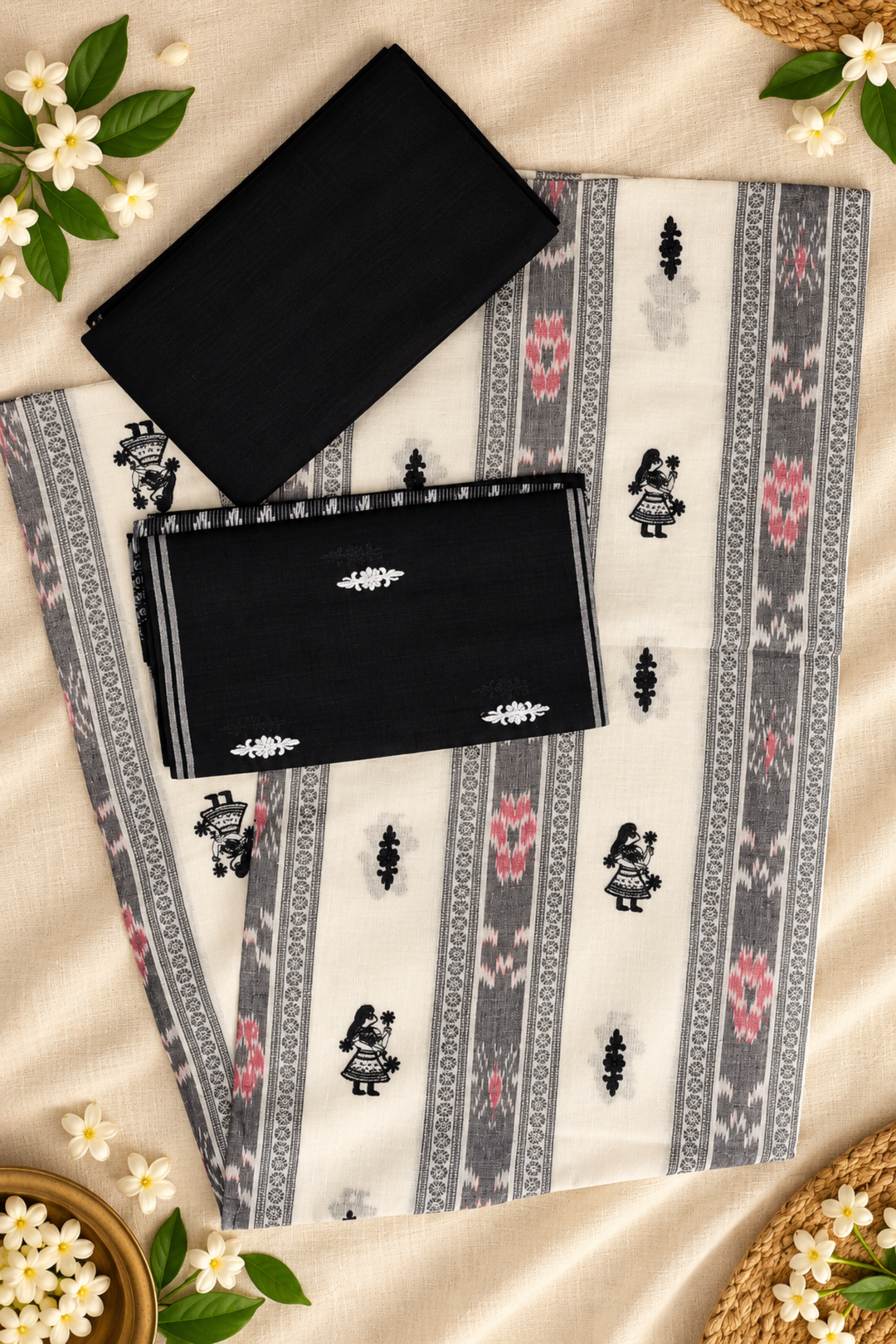 Women’s Sambalpuri Cotton Unstitched Dress Material – White Top, Black Pant &amp; Embroidered Dupatta