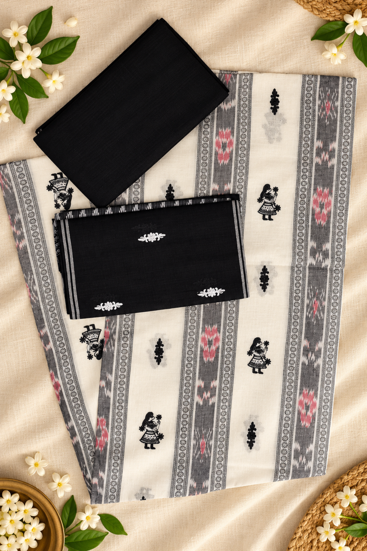 Women’s Sambalpuri Cotton Unstitched Dress Material – White Top, Black Pant &amp; Embroidered Dupatta