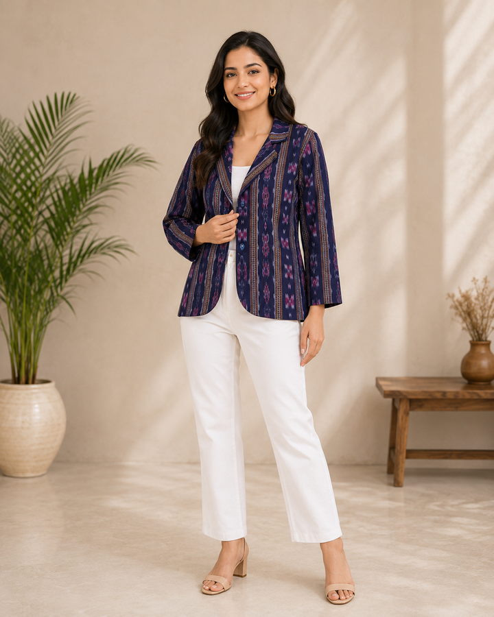 Elegant Indigo Ethnic Printed Cotton Jacket for Women