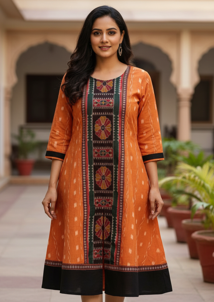 Sambalpuri Utkal Laxmi Heritage Gown – Orange Red Flower with Orange Butty Edition