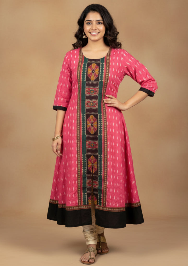 Sambalpuri Utkal Laxmi Heritage Gown – Green Red Flower with Rose Pink Edition
