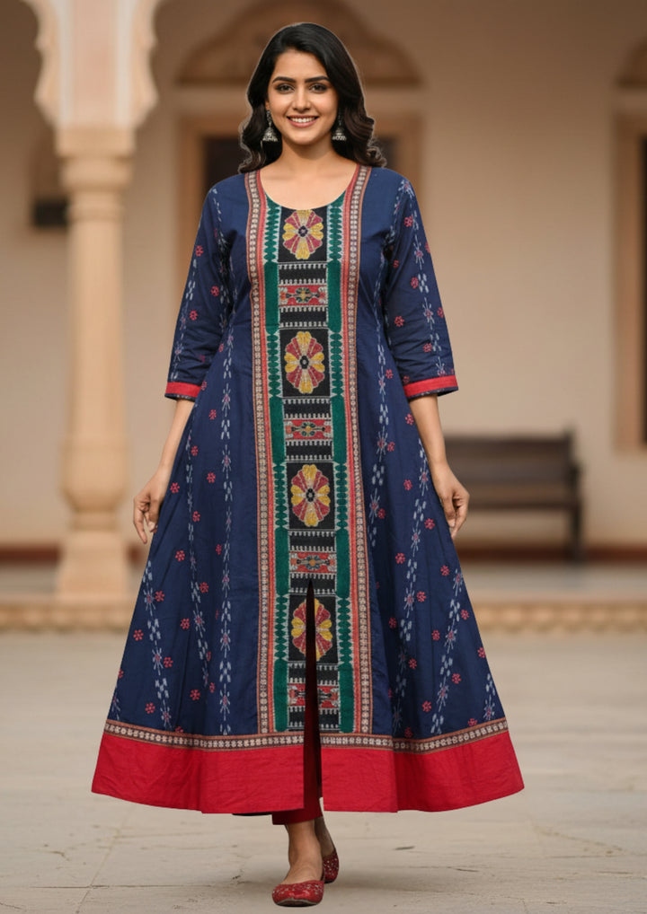 Sambalpuri Utkal Laxmi Heritage Gown – Red Flower design with Royal Blue Edition