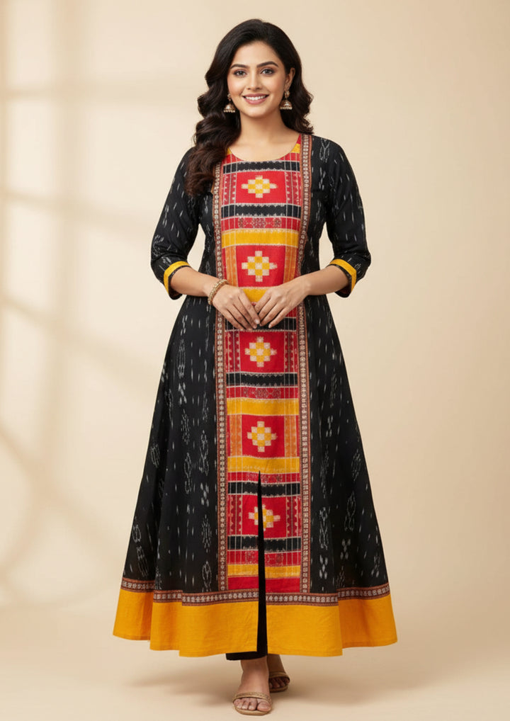 Sambalpuri Utkal Laxmi Heritage Gown – Yellow Red Pasapalli with Black & Marigold Edition