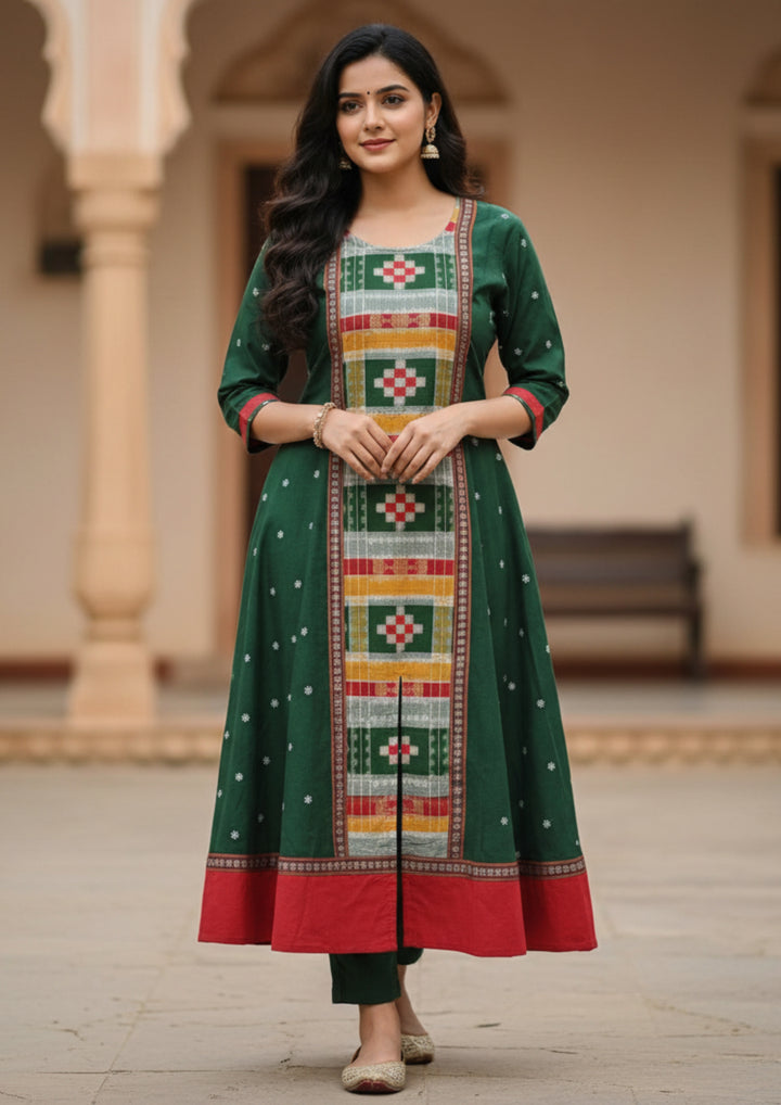 Sambalpuri Utkal Laxmi Ikat Gown – Green Red Pasapalli with Emerald Green Edition