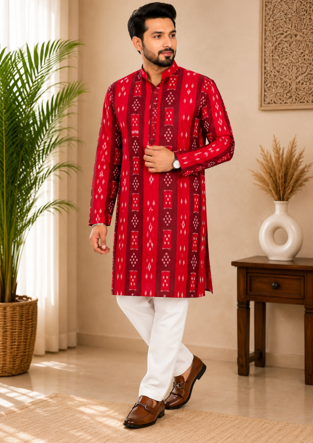 Sambalpuri Men's Long Kurta - Regal Red Kurta
