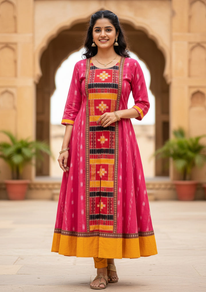 Sambalpuri Utkal Laxmi Heritage Gown – Yellow Red Pasapalli with Pink Blossom Edition
