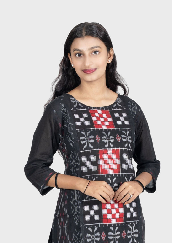 Sambalpuri Women's Kurti - Pure Cotton Black Sapta Design