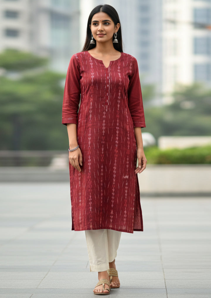 Sambalpuri Hand Woven Women's Straight Kurti in Maroon