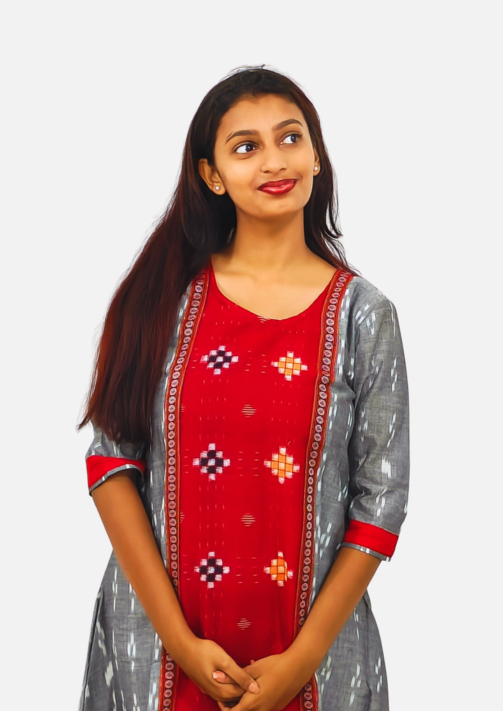 Sambalpuri Women’s Gown– Grey with Red Ikat Panel and Multicolor Floral Motif