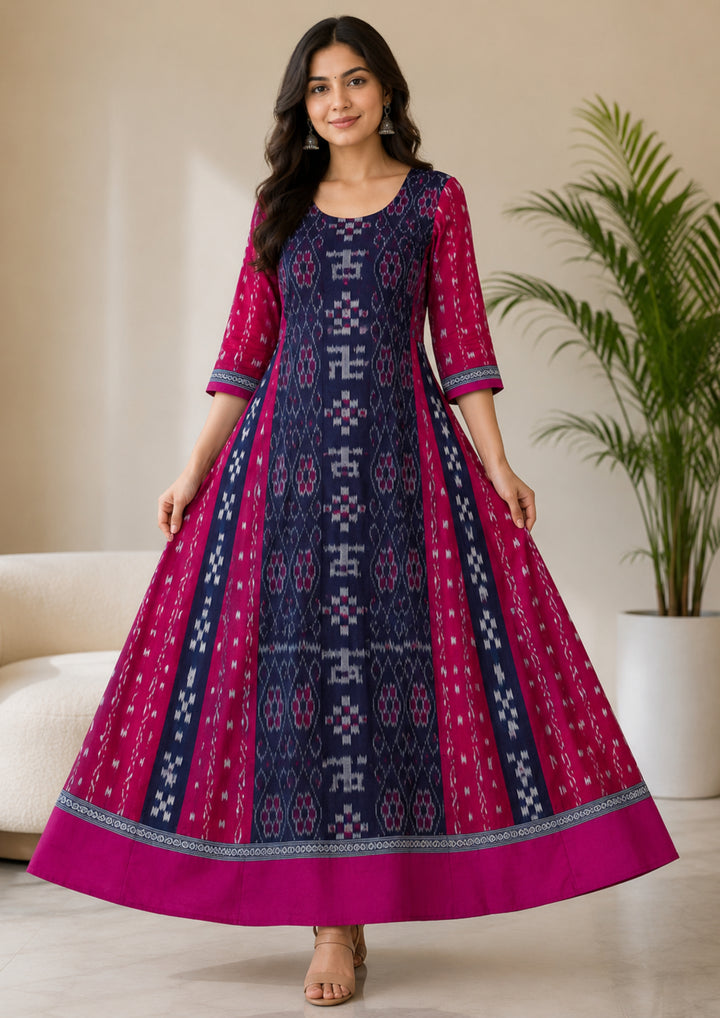 Sambalpuri Long Gown – Rani Pink & Navy Blue with Silver Border