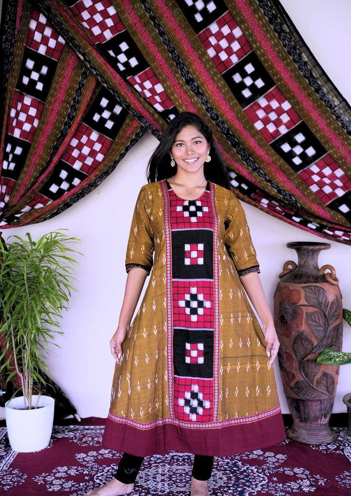 Sambalpuri Women’s Kurti – Mustard Yellow with Maroon Border and Black-Red Ikat Panel Detailing in Traditional Pattern