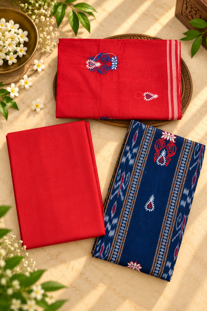 Women's Sambalpuri Red & Navy Blue Unstitched Suit Material with Dupatta