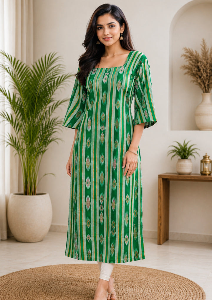 Sambalpuri Women's Kurti - Emerald Green Heritage Design Ikkat Kurti