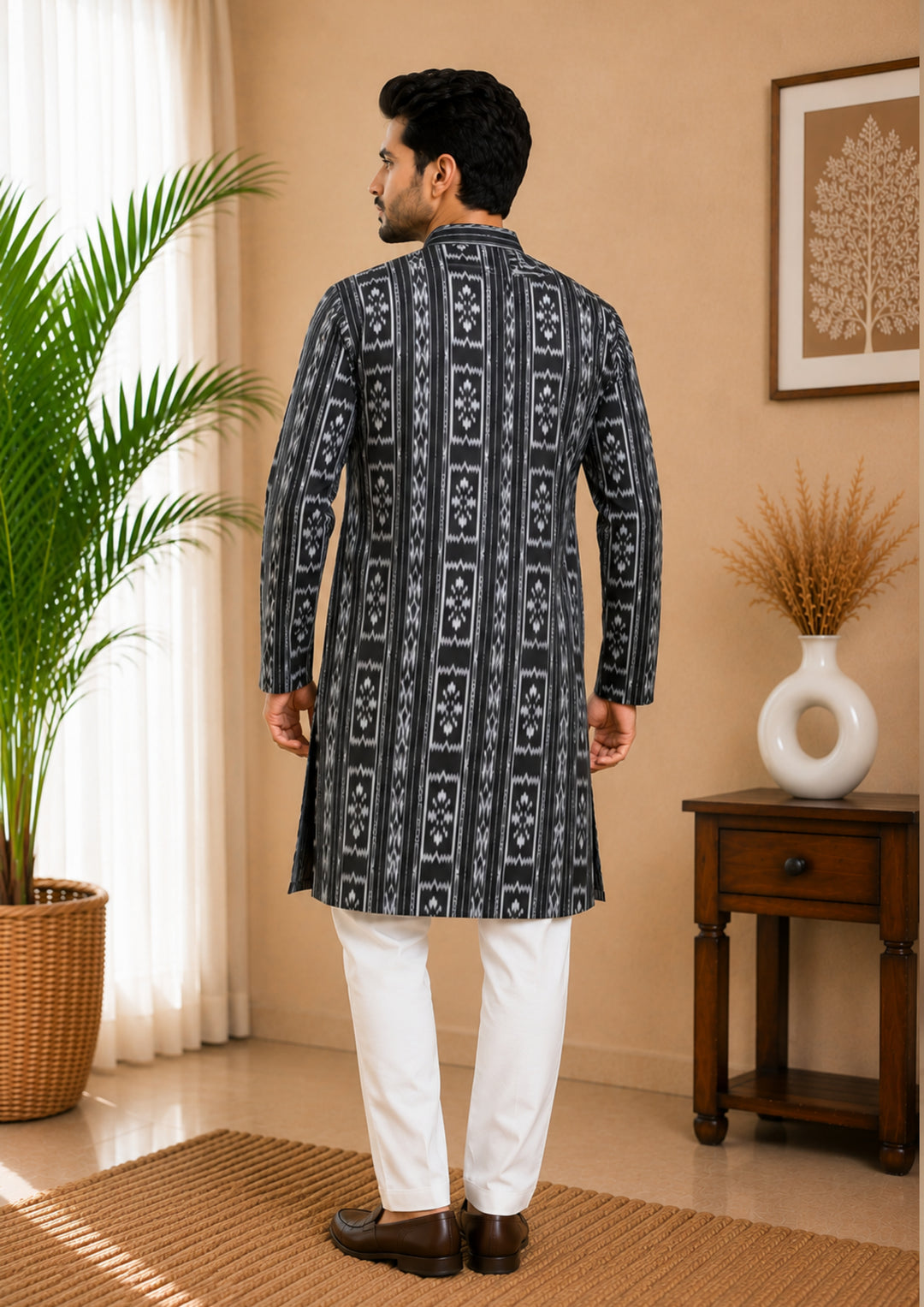 Sambalpuri Men's Long Kurta - Charcoal Grey Kurta
